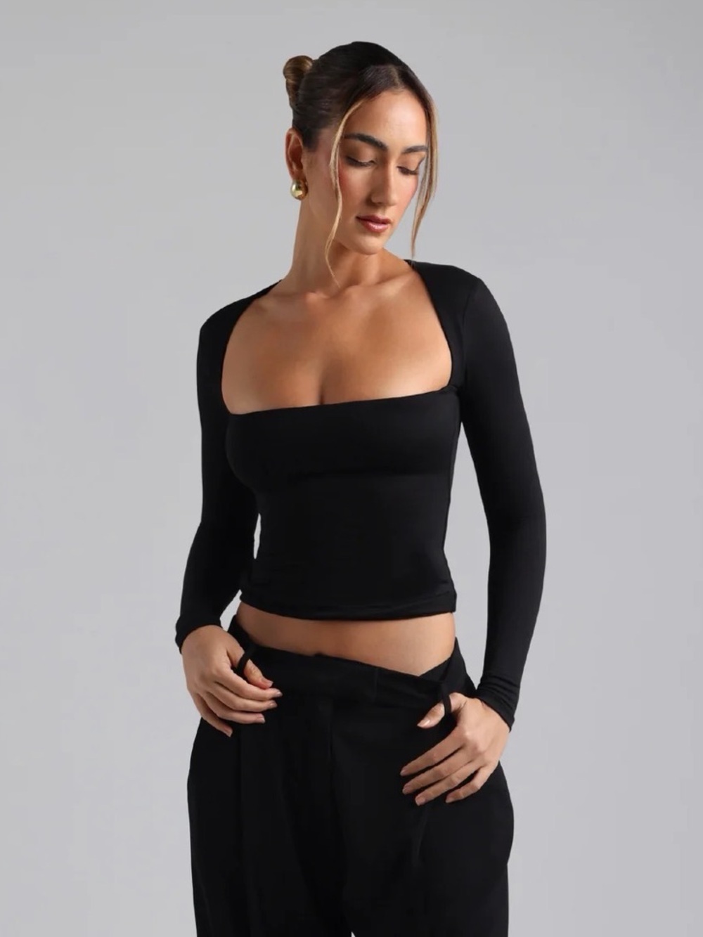 My Outfit Online Black Long-Sleeve Square Neck Top